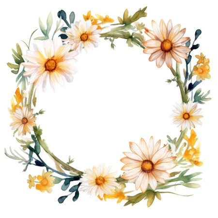 Circle frame of watercolor daisy flowers and leaves on white background. Beautiful elegant floral wreathの素材