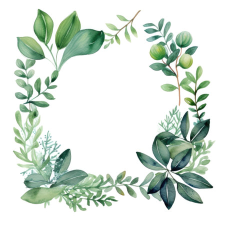 square frame of watercolor green leaves on white background. Beautiful elegant nature wreathの素材