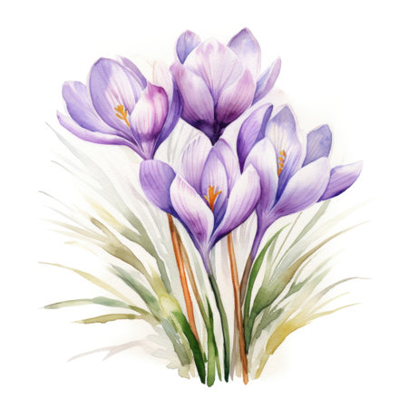 Colorful watercolor crocus flower illustration on a white background.の素材