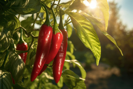 Red pepper grow in the vegetable garden in sunny day. Harvest farming conceptの素材