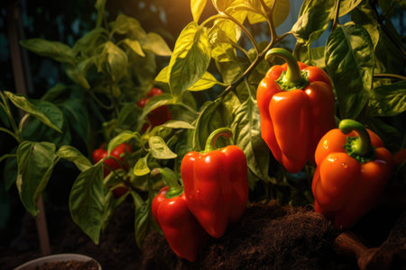 Red pepper grow in the vegetable garden in sunny day. Harvest farming conceptの素材