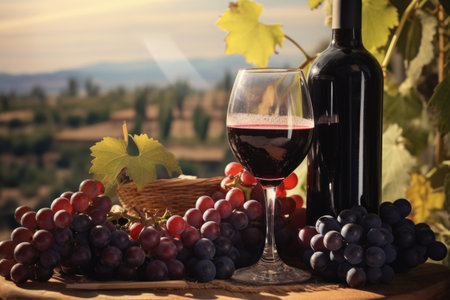 Glass of red wine with grapes on old wooden table on sunny outdoorの素材