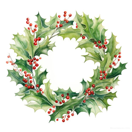 watercolor holly wreath with red berries on white backgroundの素材