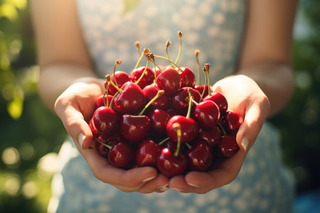 Ripe cherries in woman hands on the sunny green garden backgroundの素材