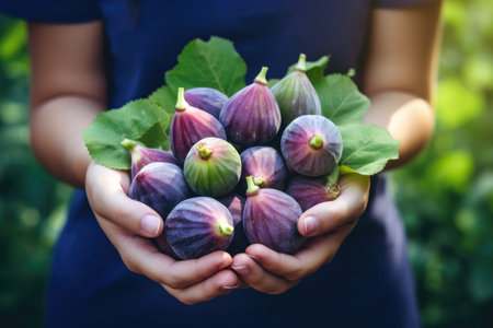 Ripe figs in woman hands on the sunny green garden backgroundの素材