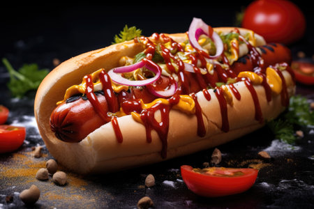 Hot dog with a sausage on a fresh rolls garnished with ketchup and mustard. Served with different toppings. Generative AI contentの素材