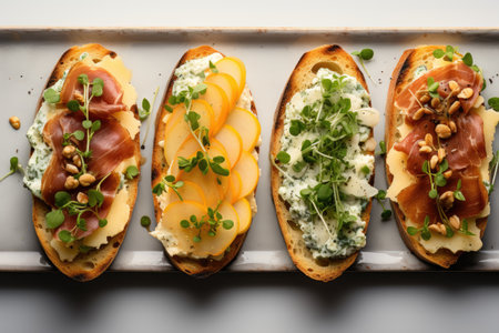 open sandwiches with pear prosciutto arugula and blue cheese. Top viewの素材