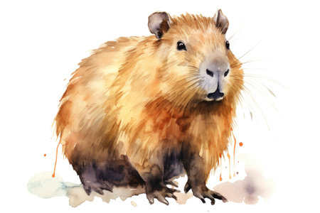 watercolor cute capybara in the water with splashes on white backgroundの素材