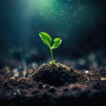 Spring small green sprout grows on the ground. On nature fantastic background.の素材