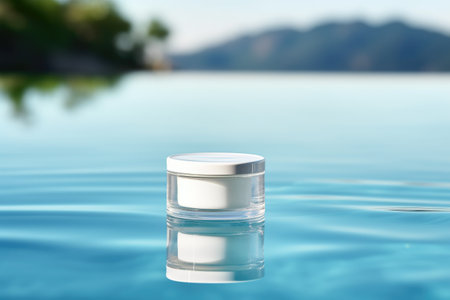 White blank cosmetic jar mock up lies on the blue water surfaceの素材