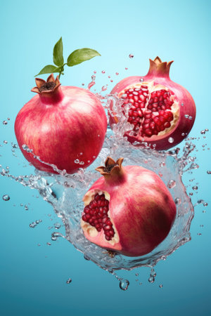 Sweet pomegranates with splashes fly in the air on blue pastel background. Trendy food levitationの素材