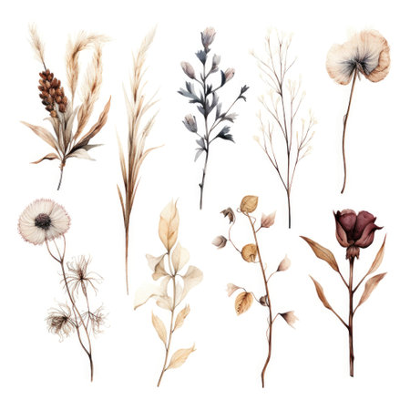 Set of watercolor dry flowers on white background. Generative AI contentの素材