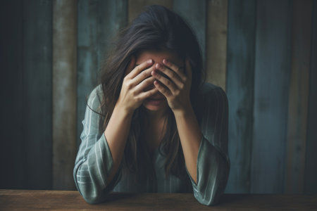 Depressed woman crying with head up on hands on dark background. Portraitの素材