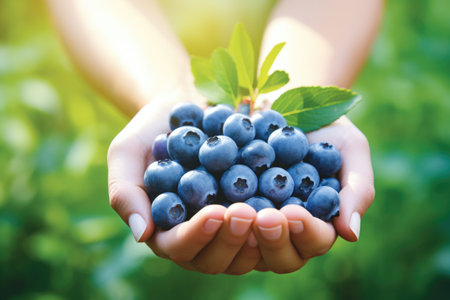 Ripe blueberries in woman hands on the sunny green garden backgroundの素材