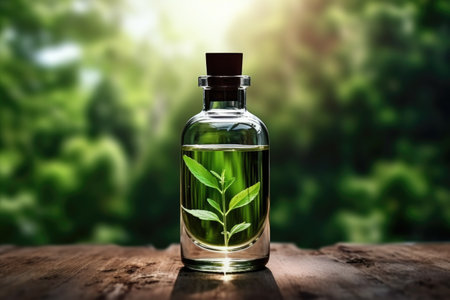 blank glass cosmetic bottle in summer forest with green leaves backgroundの素材