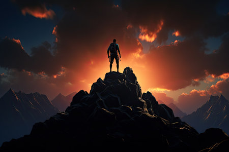 Tourist man hiker on top of mountain at the sunset. Silhouette of alone guyの素材