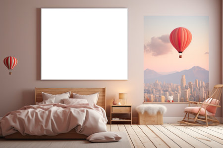frame with poster mockup in bedroom in modern Scandinavian style, eco concept with a chair and balloonsの素材