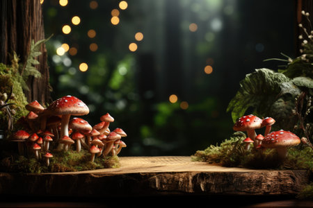 Wooden circle pedestal with fly agaric on natural forest background for product presentation.の素材
