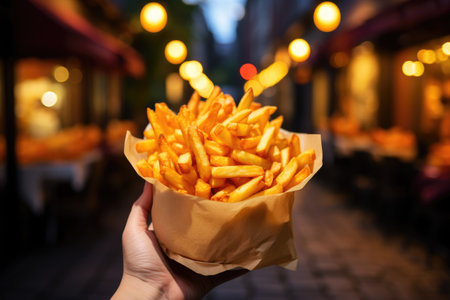 French fries in a paper package box on the street background. Street foodの素材