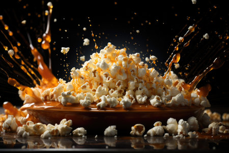 Flying tasty caramelized popcorn with syrup on dark backgroundの素材