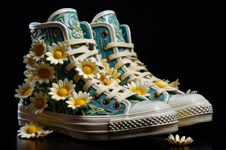 Beautiful shoes with flowers on summer fieldの素材