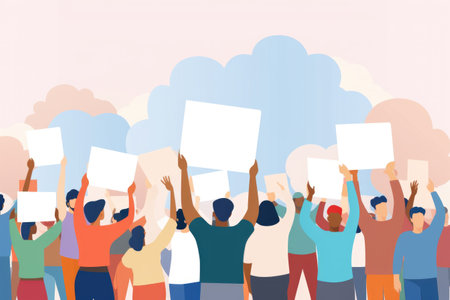 flat illustration of Peoples crowd holding blank white empty banners. Rear viewの素材