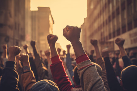 A raised fist of a protestor. large group of protesters with clenched fists above their heads. public demonstrations. Generative AI contentの素材