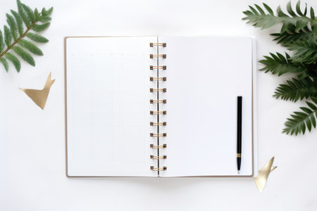 Minimal empty open planner with green plants. Springtime holiday concept with copyspace.の素材