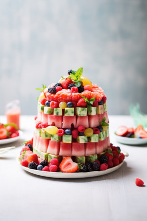 birthday cake from watermelon and berries on white background. Generative AI contentの素材