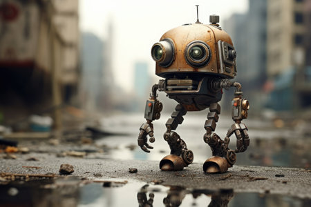 Cute robot with big eyes in the street of townの素材