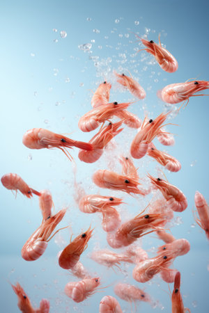 Seafood shrimps prawns fly in the air on pastel background. Food levitationの素材