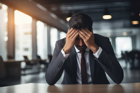 Tired businessman holding his head in hands. Stress, anxiety, and pressure in business.の素材