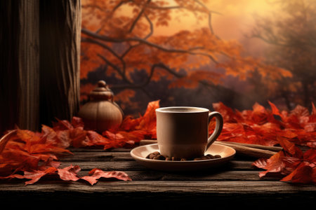 Cup of hot coffee with orange autumn leaves background. Atmospheric autumn moodの素材