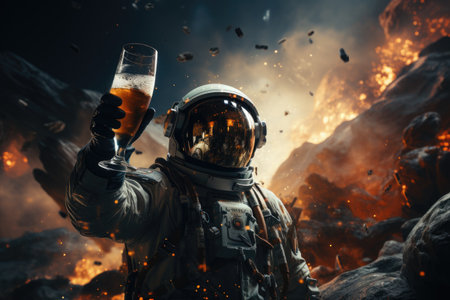Astronaut on the dark moon surface with glass of beer celebrating the successの素材