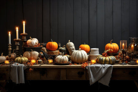 Halloween table setting with autumnal decorations, pumpkins, candles glasses and plates.の素材