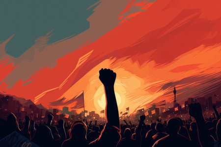 A raised fist of a protestor. large group of protesters with clenched fists above their heads. public demonstrations.の素材