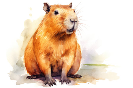 watercolor cute capybara in the water with splashes on white backgroundの素材