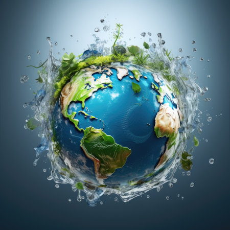 earth planet in splash of water on dark background. view of outer spaceの素材