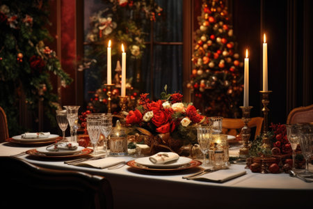 Festive christmas table setting for party. Dark and luxury. christmas tree on backgroundの素材