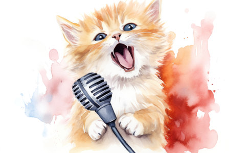 cute watercolor kitten with microphone on white backgroundの素材
