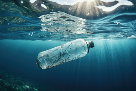 Empty plastic bottle swims in the ocean. World plastic pollutionの素材