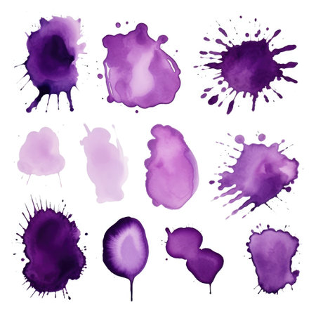 Set of watercolor paint stains blobs and splashes on white backgroundの素材
