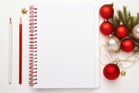 white blank flat lay empty mock up of open planner with christmas tree and decorations aroundの素材