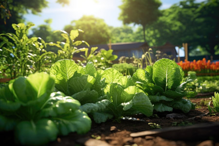 Cabbages grow in the vegetable garden in sunny day. Harvest farming conceptの素材