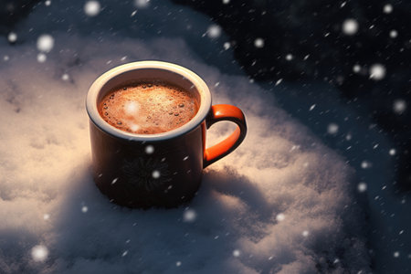 hot chocolate cup in winter with snow on backgroundの素材