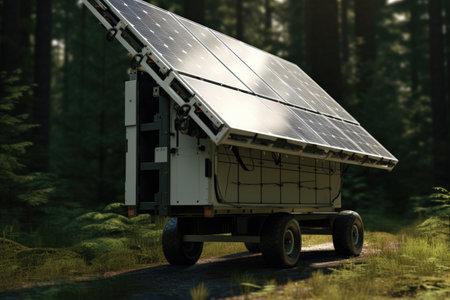 Mobile solar panel on nature background. Eco alternative for green energy.の素材