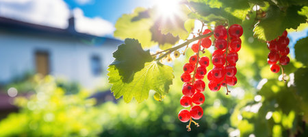 red current grow in the vegetable garden in sunny day. Harvest farming conceptの素材