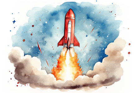 watercolor rocket in outer space on a white background. Cartoon Spaceshipの素材