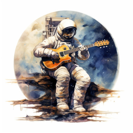 watercolor astronaut playing guitar on a white background. Generative AI contentの素材