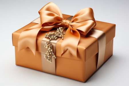 gift box with gold bow on light background. Luxury beautiful Christmas and New Year surprise.の素材